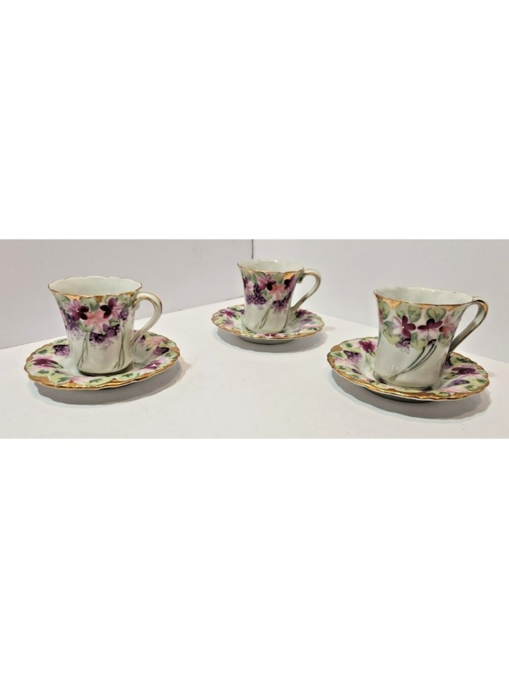 Antique Hand Painted Chocolate Cups w/Saucers Pink/Purple Violets Moriage Set 3